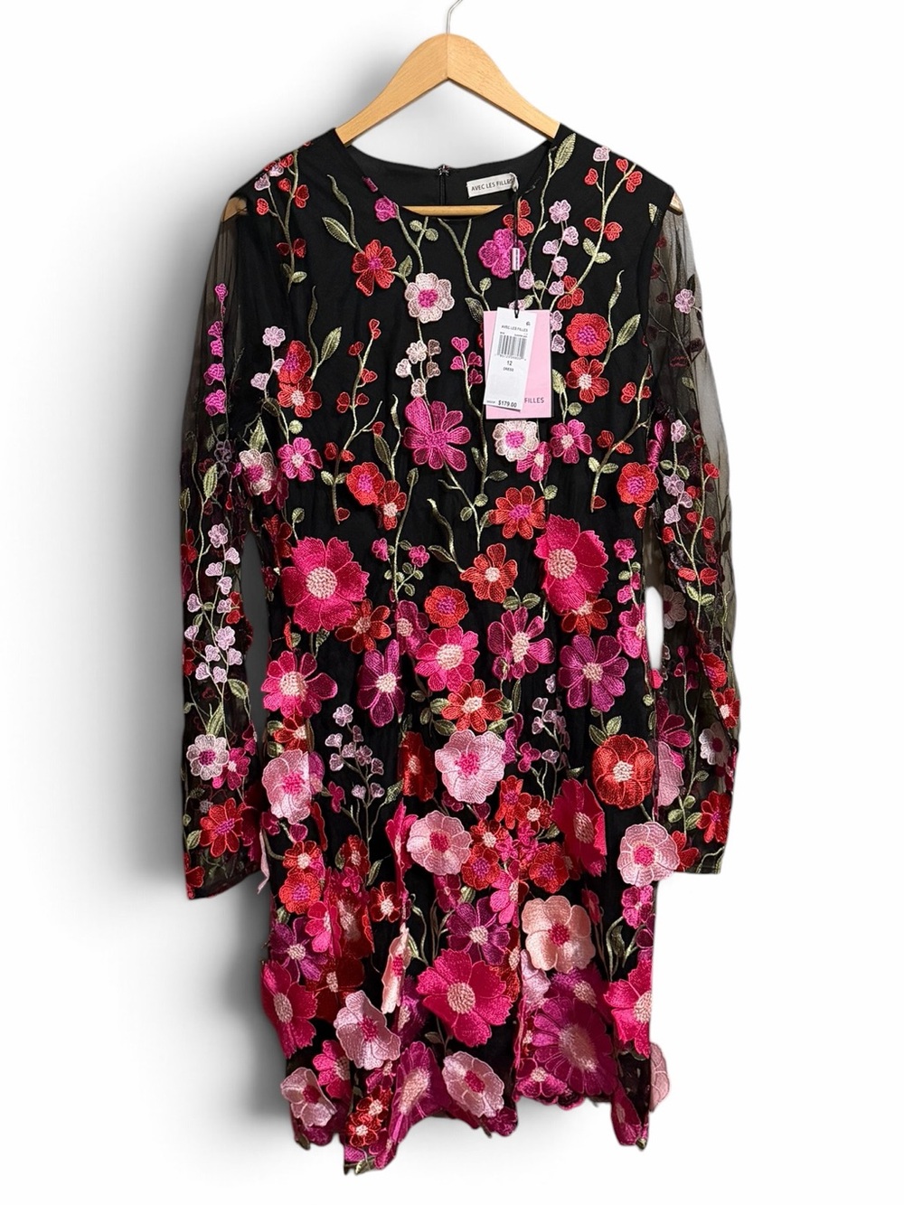 Avec Les Filles Black Floral Embroidered Long-Sleeve Mesh Dress